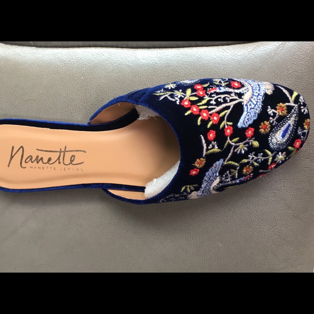 Nannette Lapore Blue Velvet crane embroidered slides New 7 Castlecore holiday